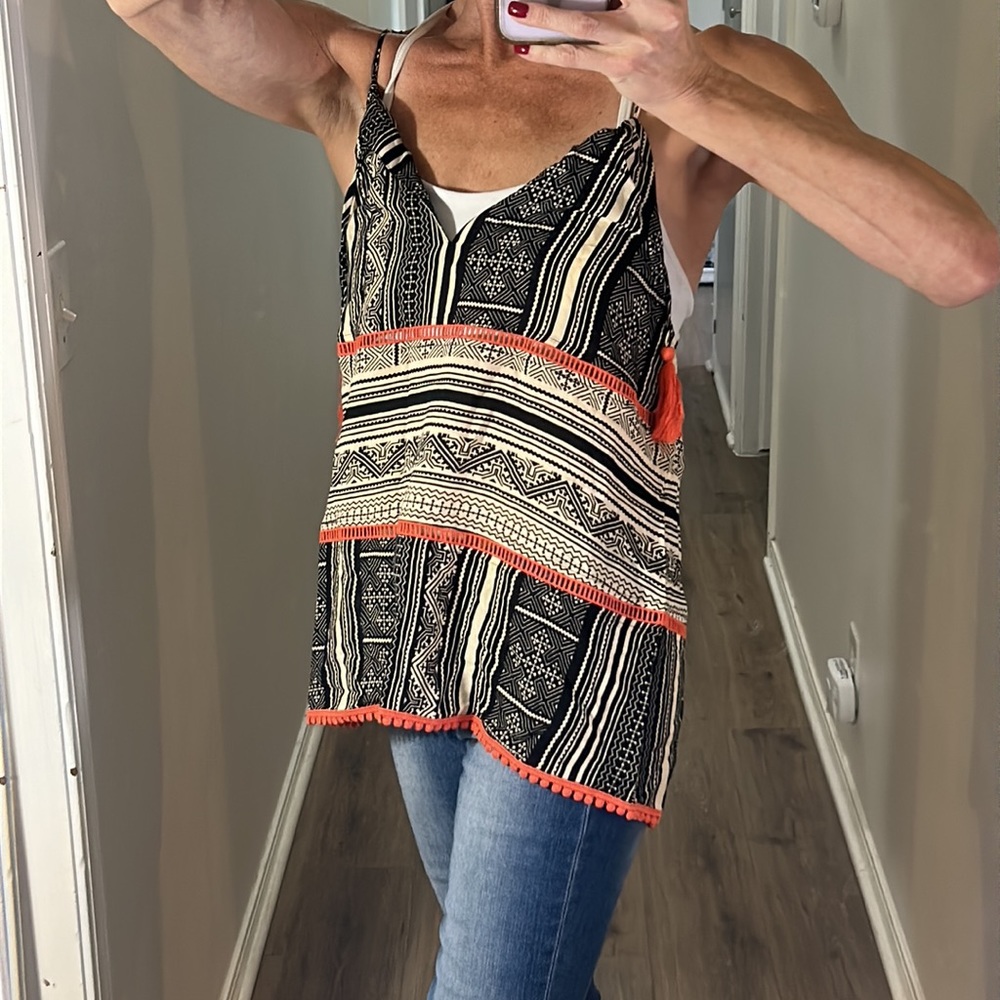 Spaghetti Sleeveless Bohemian Aztec/Geometric pattern of Orange, Blk/white w t…